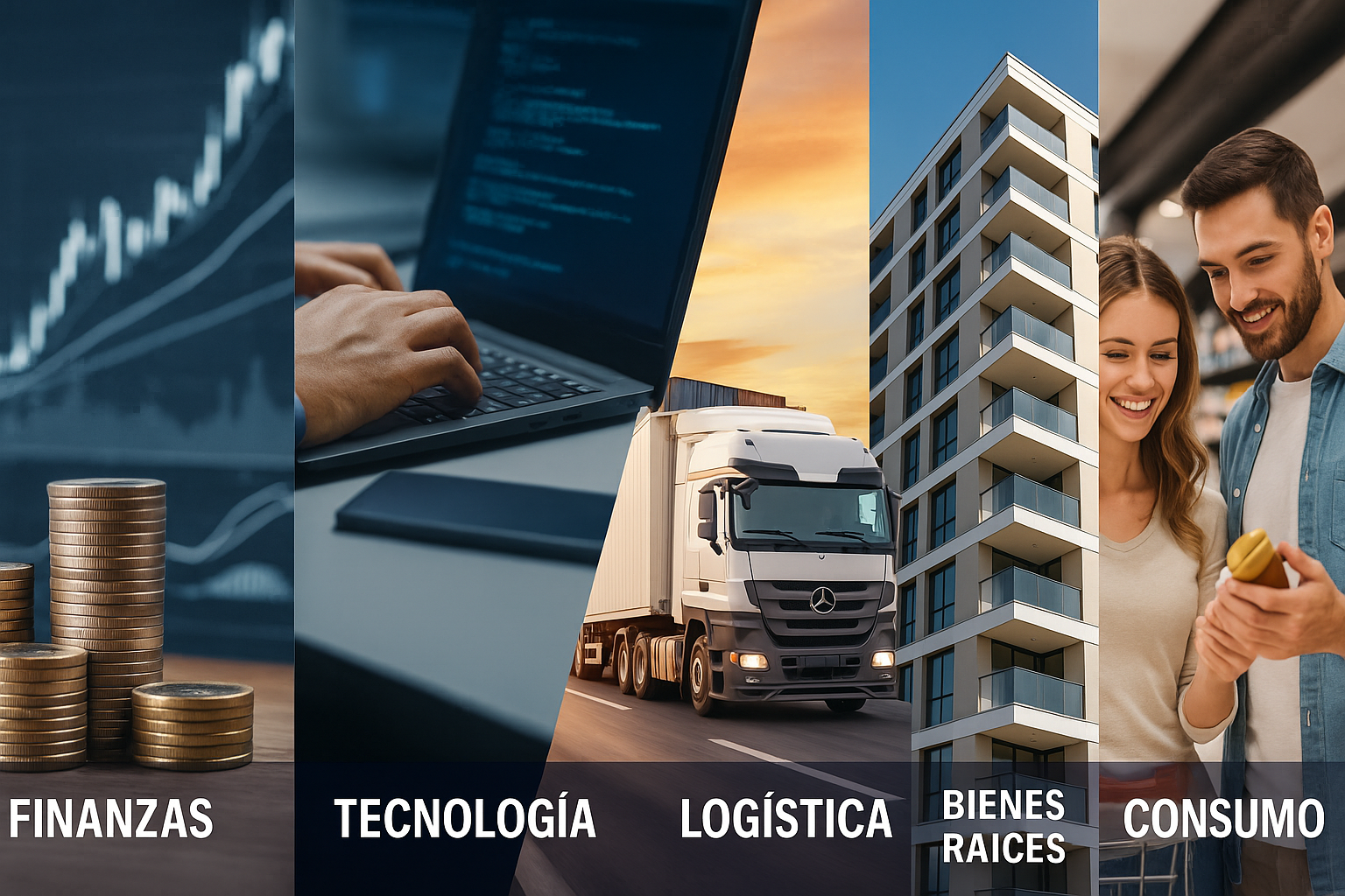 Collage de industrias de Cashe Corporate: Finanzas, Tecnología, Logística, Bienes Raíces y Consumo